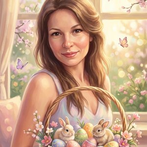 Иллюстрированная пасхальная открытка, мягкий painterly / digital illustration стиль, 9:16.
❗️ABSOLUTE IDENTITY LOCK 1:1 — использовать загруженное фото, сохранить лицо без изменений.

Композиция:
девушка по центру держит декоративную корзину с пасхальными