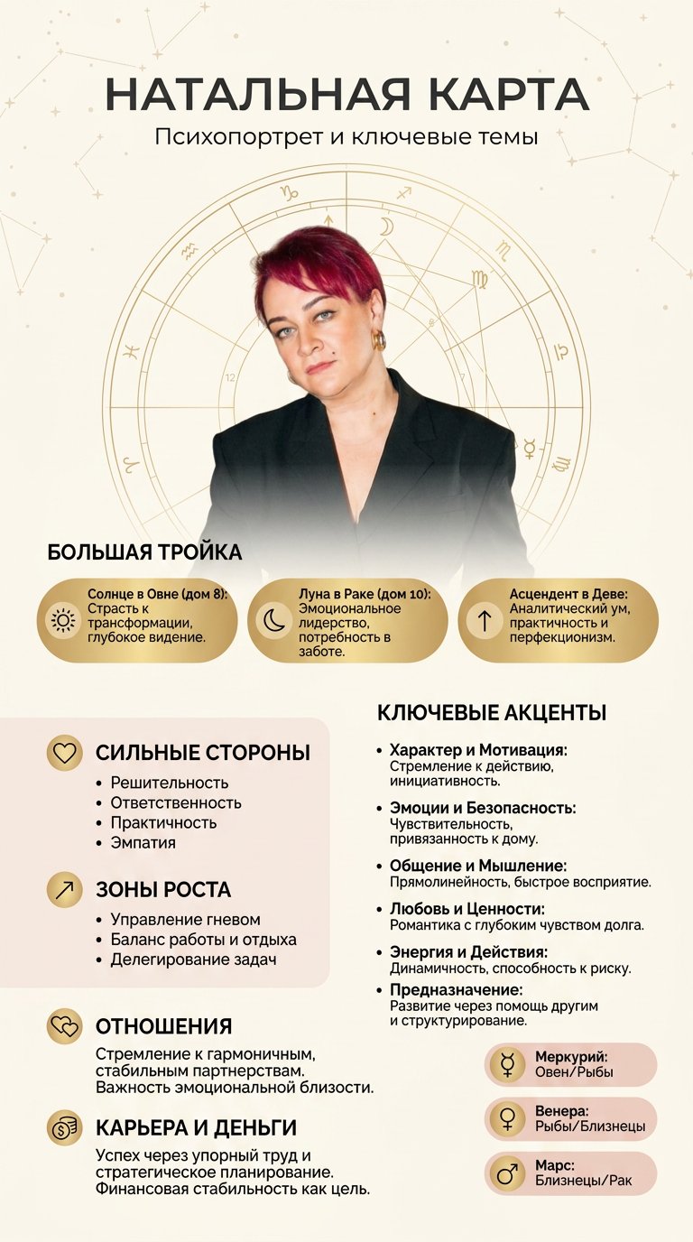 Создай чистую, современную инфографическую карточку «Натальная карта» для этого человека, используя загруженный портрет как центральный объект (100% сохранение лица и идентичности, та же девушка; фотореализм).

Формат: вертикальный постер 3:4.

Стиль: мин