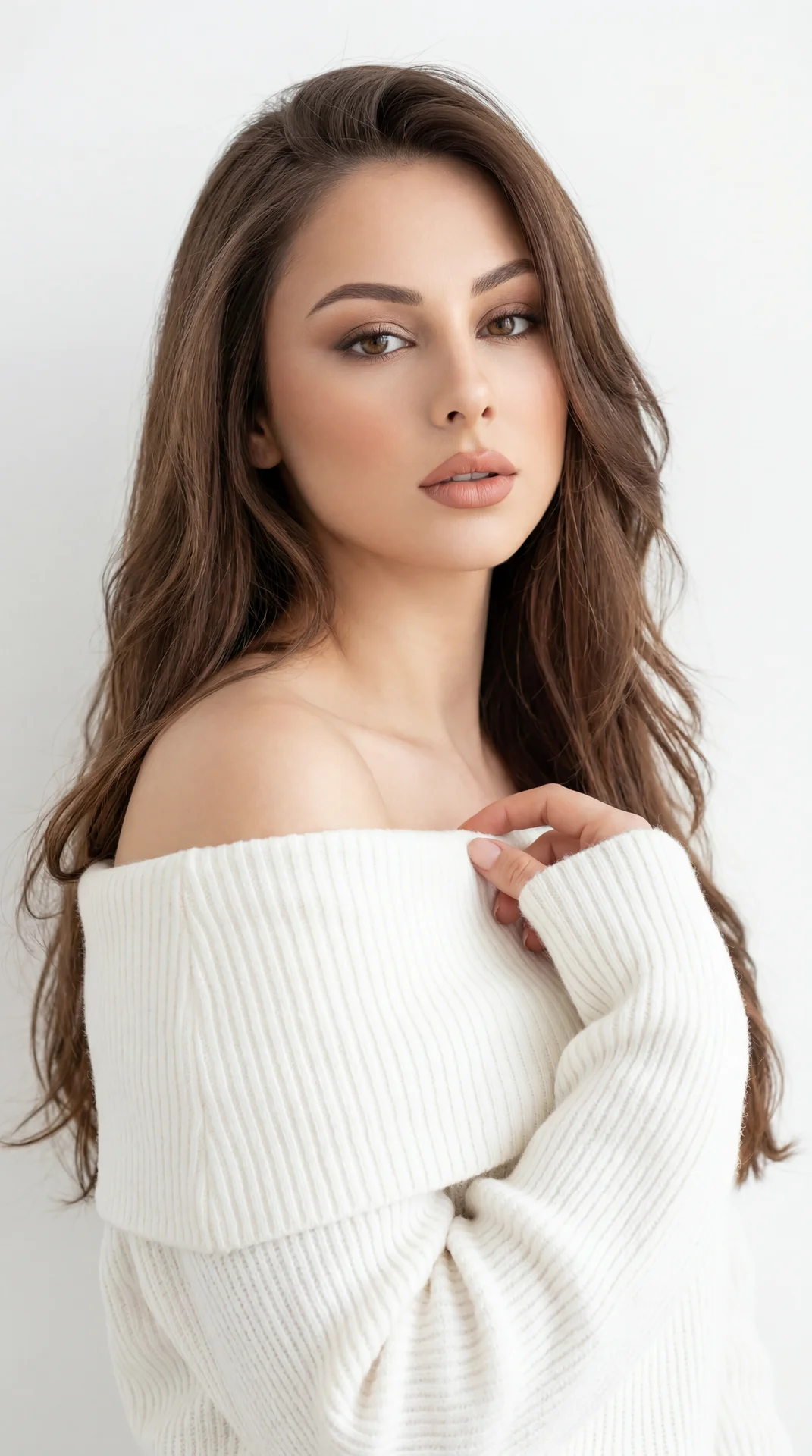 Professional studio portrait, medium close-up (head-and-shoulders), eye-level camera, slight three-quarter angle; indoor minimalist setting with a seamless white wall; high-key look, soft diffused light from camera-left with gentle fill from right, shallo