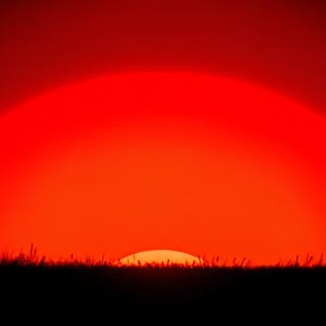 Cinematic slow sunrise animation based on the reference image. A large deep red sun slowly rises from behind a dark grassy horizon. At the beginning of the video the sun is already about 10% above the horizon, and during the 23-second shot it gradually ri