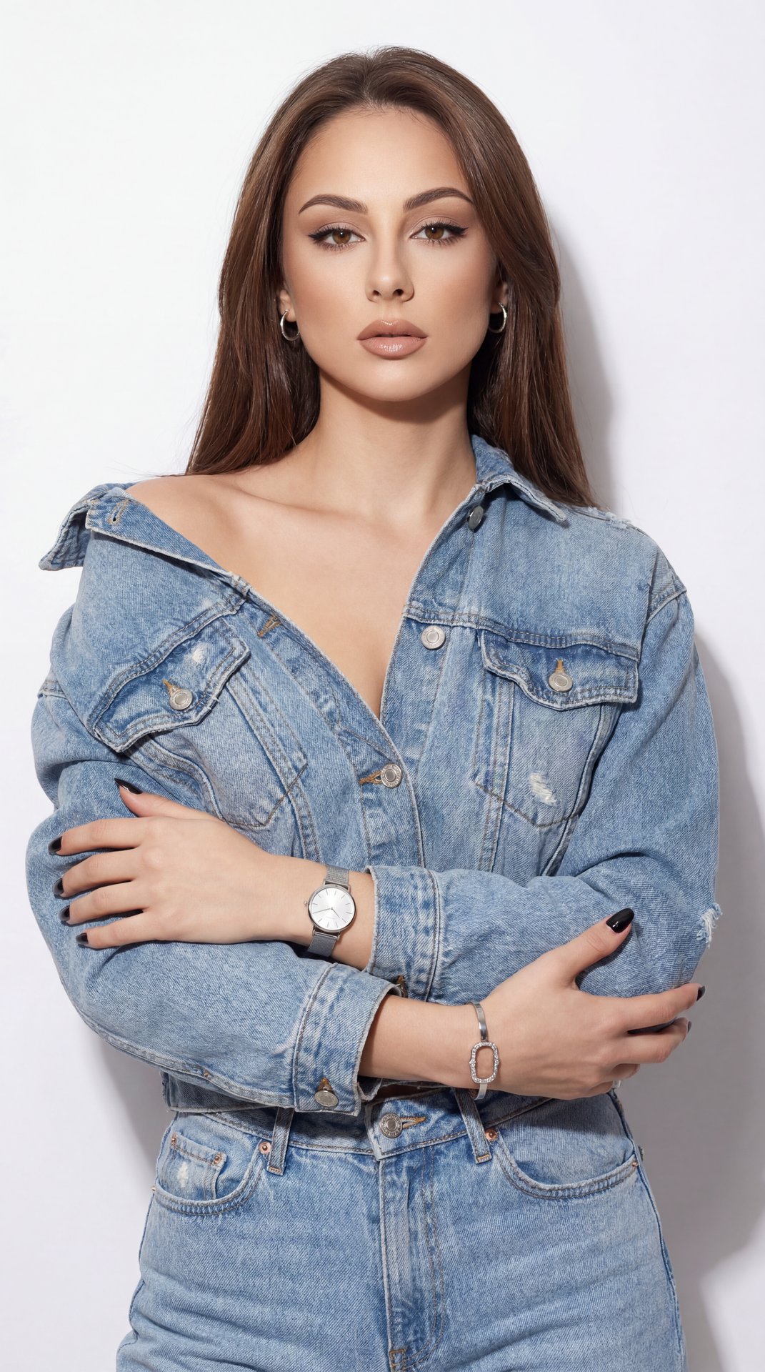 Portrait of a female model, studio shot, professional camera view, eye level, straight angle, medium shot (waist-length), seamless white background; pose: standing straight, torso turned towards the camera, arms crossed in the middle of the torso, left fo