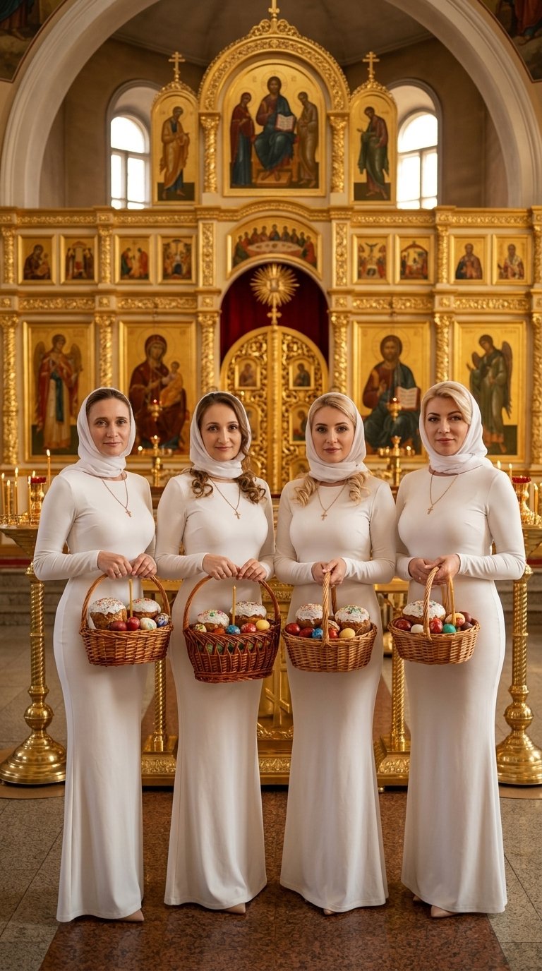 Сохрани мои черты лица и цвет волос, максимально сохрани сходство. Четыре женщин стоят лицом к камере и спокойно позируют, держат в руках плетеные корзинки с пасхальными угощениями. Волосы уложены мягкими локонами, легкий вечерний макияж, аккуратный класс