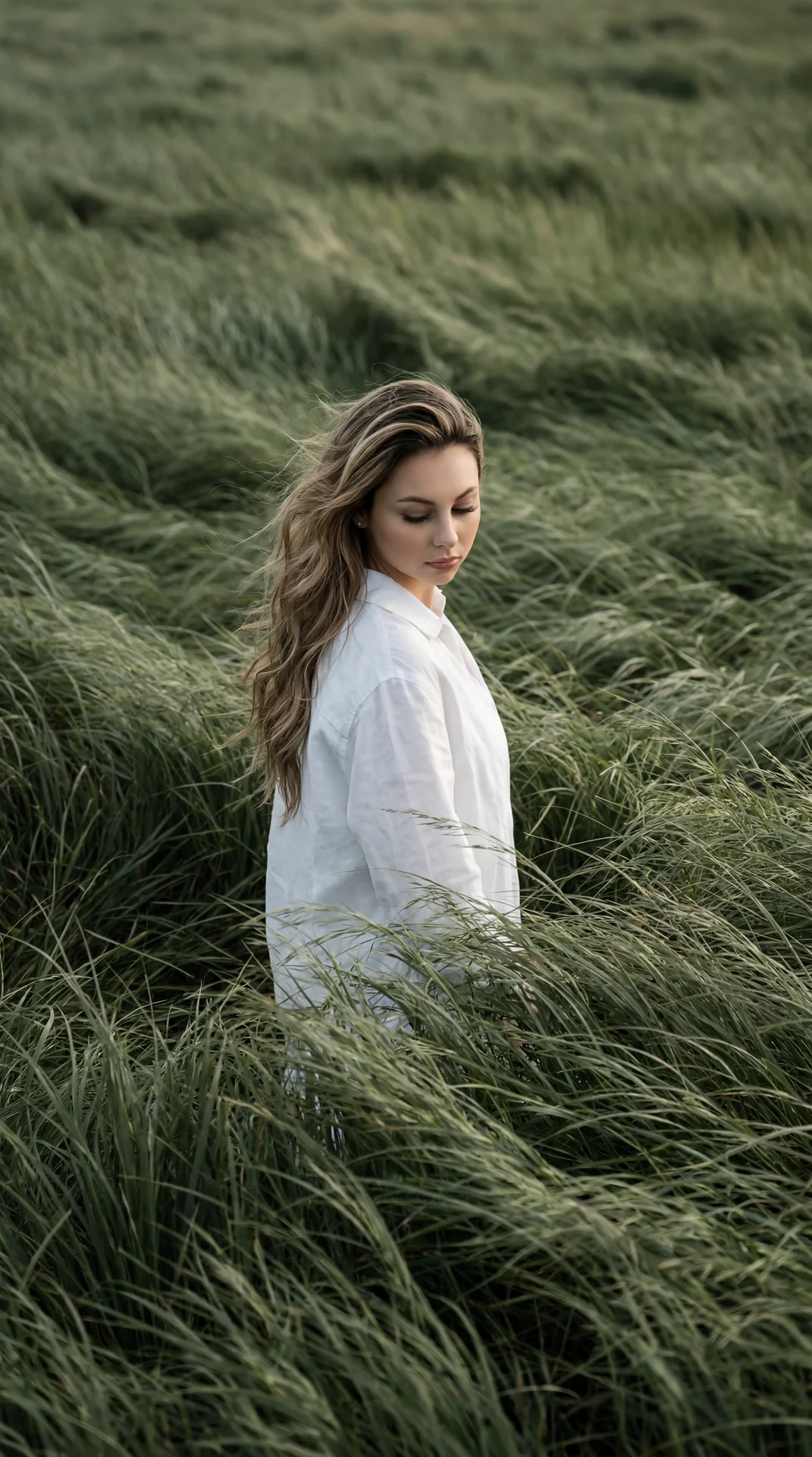 Create a cinematic, atmospheric editorial portrait using the attached face and identity reference. A solitary woman stands in the middle of vast, wind-swept sage-green grass fields. The tall grass surrounds her completely, flowing in strong currents like 