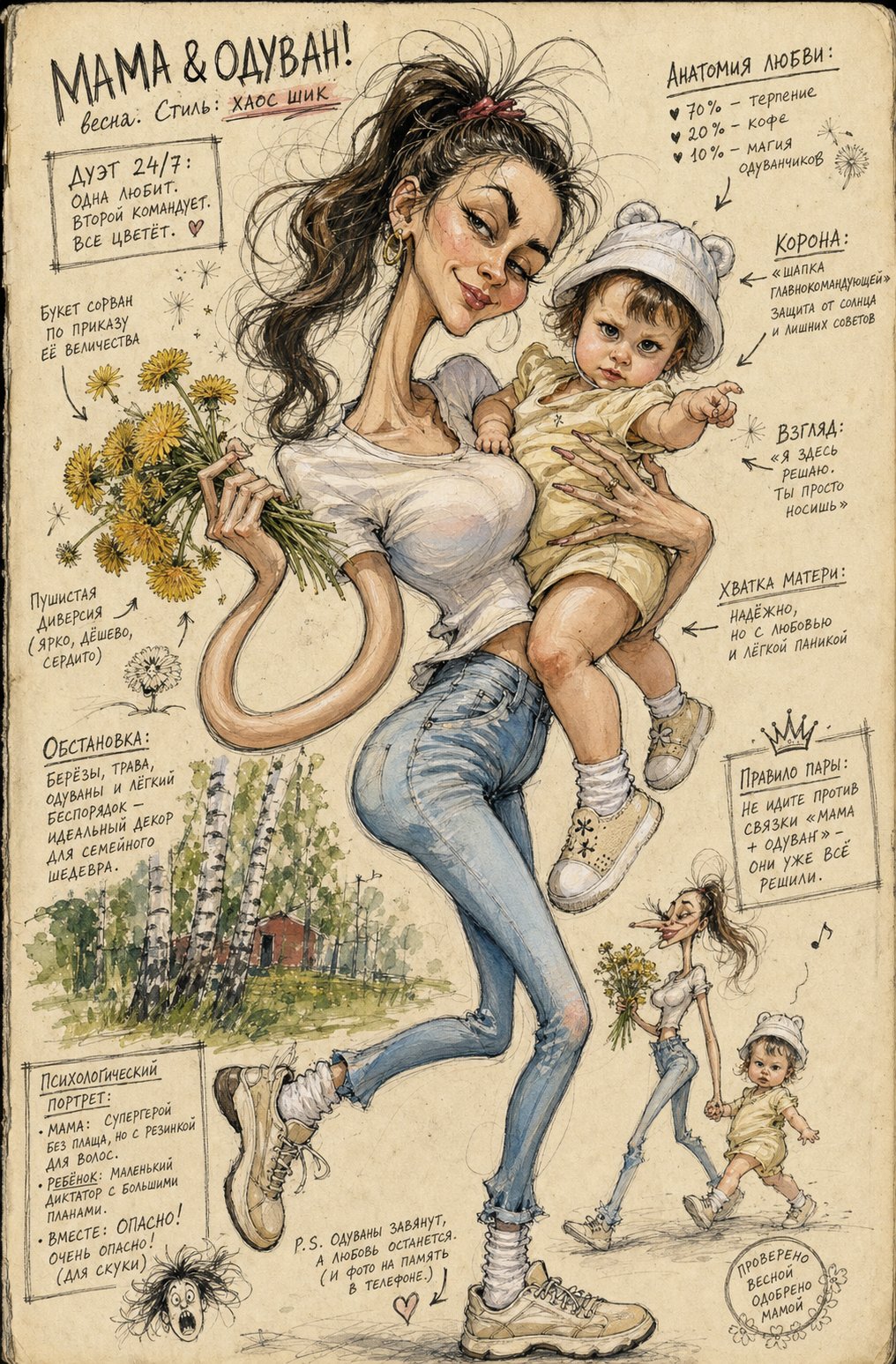 Promt: Turn the people in the photo into a grotesque, humorous fashion caricature. Highly exaggerated anatomy, elongated proportions, expressive, curled arms, dramatic face, awkward elegant pose, satirical fashion energy, messy ink lines, rough watercolor