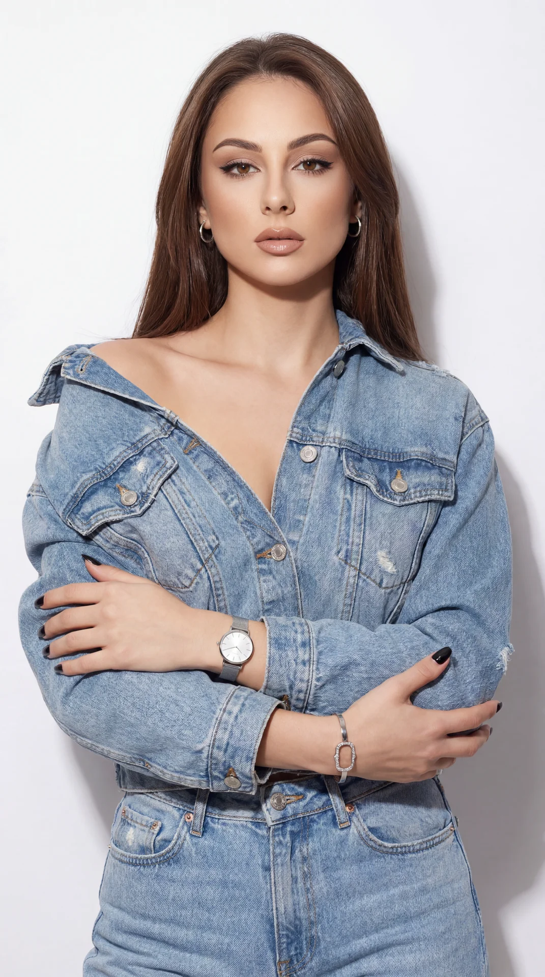 Portrait of a female model, studio shot, professional camera view, eye level, straight angle, medium shot (waist-length), seamless white background; pose: standing straight, torso turned towards the camera, arms crossed in the middle of the torso, left fo
