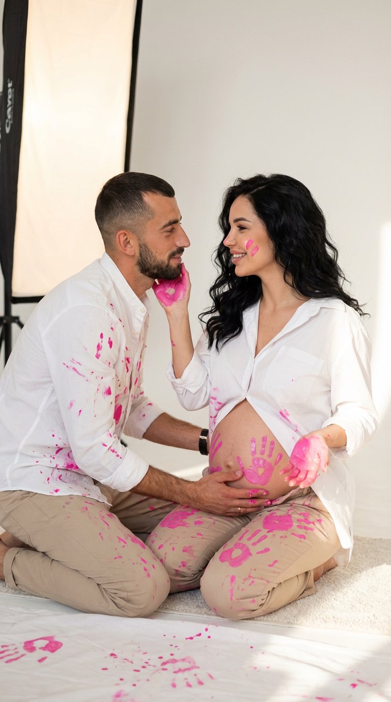 7. Создай ультрареалистичное изображение романтической пары на фотосессии gender reveal в студии. Молодая беременная девушка с животиком, как на 5 месяце беременности сидит на белом ковре на полу в полупрофиль, её поза расслабленная и нежная, ноги слегка 