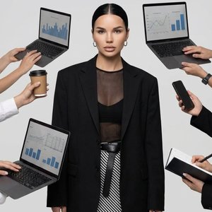 гиперреалистичная fashion-концептуальная съёмка женщины на светлом фоне, минимализм,
лицо соответствует референсу, identity lock,
причёска — волосы зализаны назад в гладкий пучок,
макияж — скульптурный, чистый тон, нюдовые губы,
одежда — чёрный oversize п