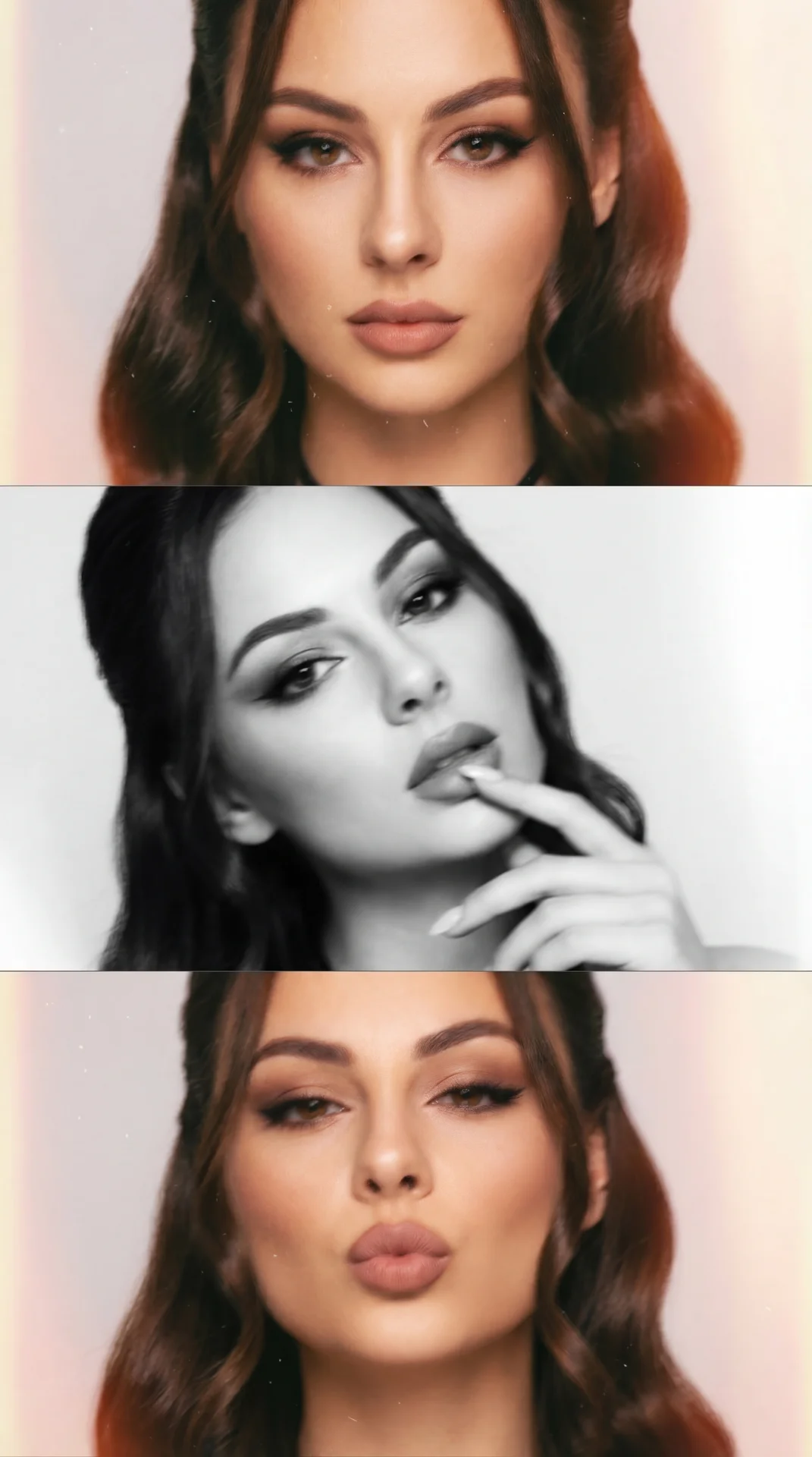 The image consists of a triptych featuring a young woman with long, straight dark hair adorned with a small, black hair accessory. Each panel showcases a distinct pose and expression against a plain light background.

1. **Top Panel**: The photo is in col