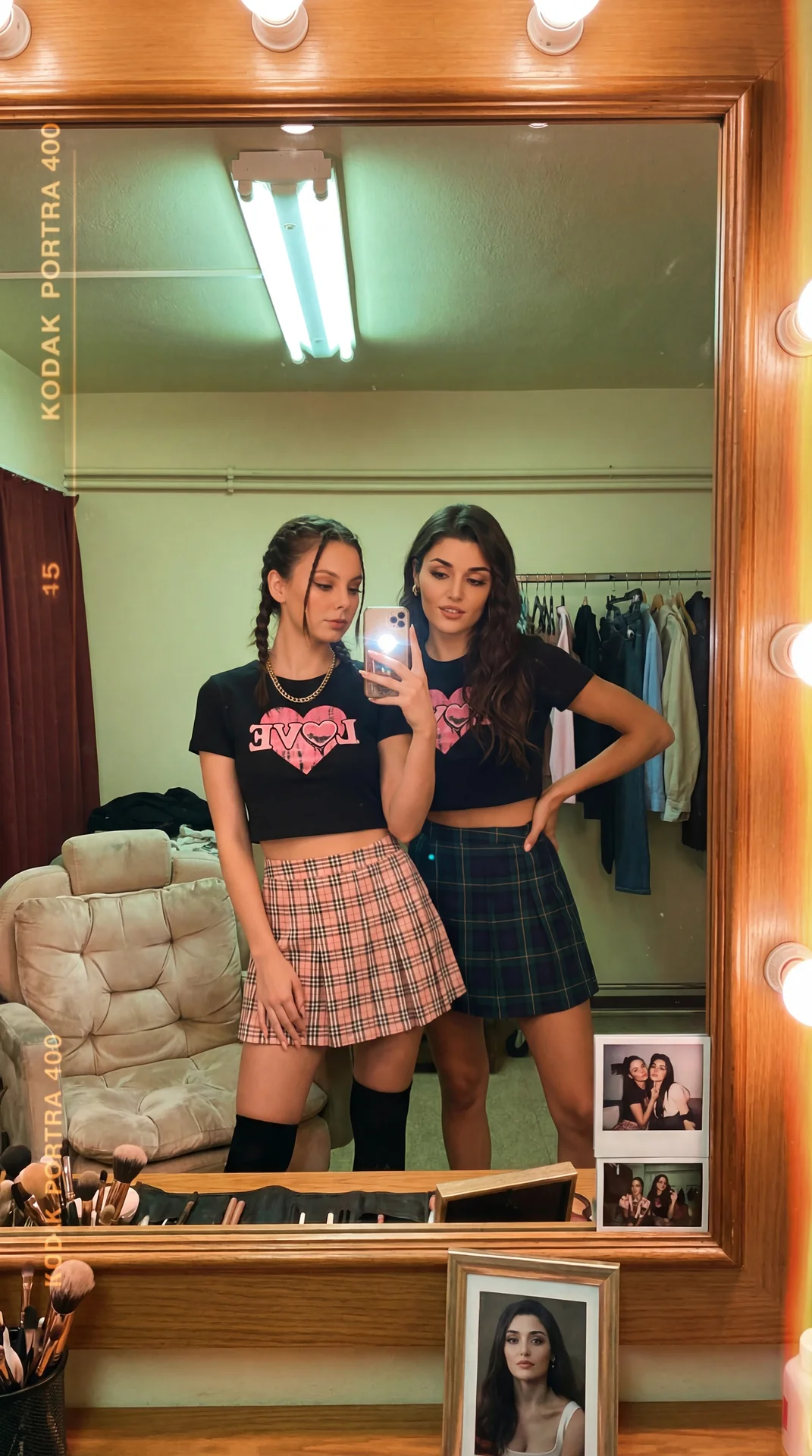 The image features two women posing in front of a mirror in a room that appears to be a dressing or backstage area. 

The woman on the left is taking a mirror selfie with her phone. She has long, dark hair styled with two small braids. She is wearing a bl