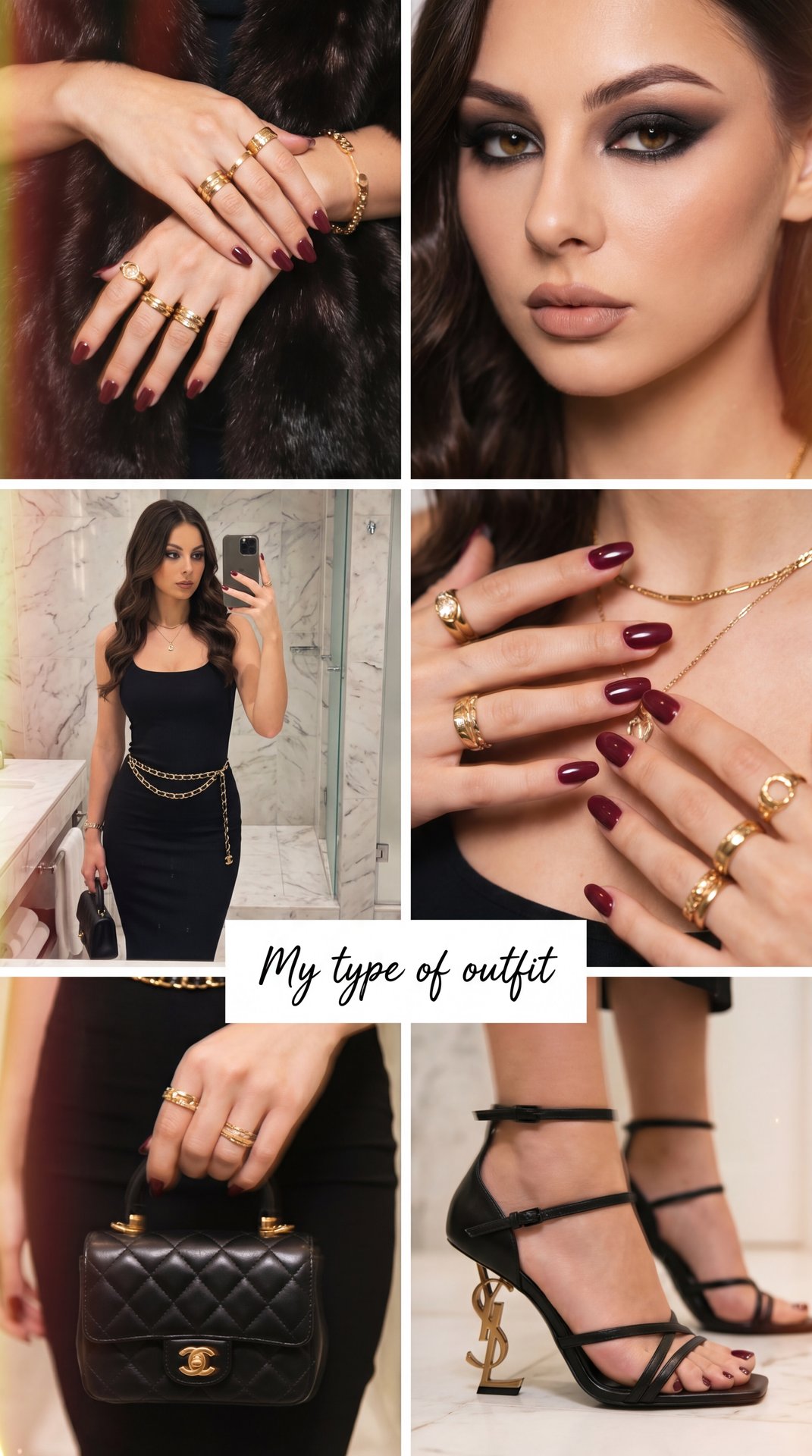 The image is a collage featuring several elements of a chic and elegant outfit.

1. **Top Left**: A close-up of hands adorned with multiple gold rings and a bracelet, against a fur or faux fur background, creating a luxurious feel.

2. **Top Right**: A cl