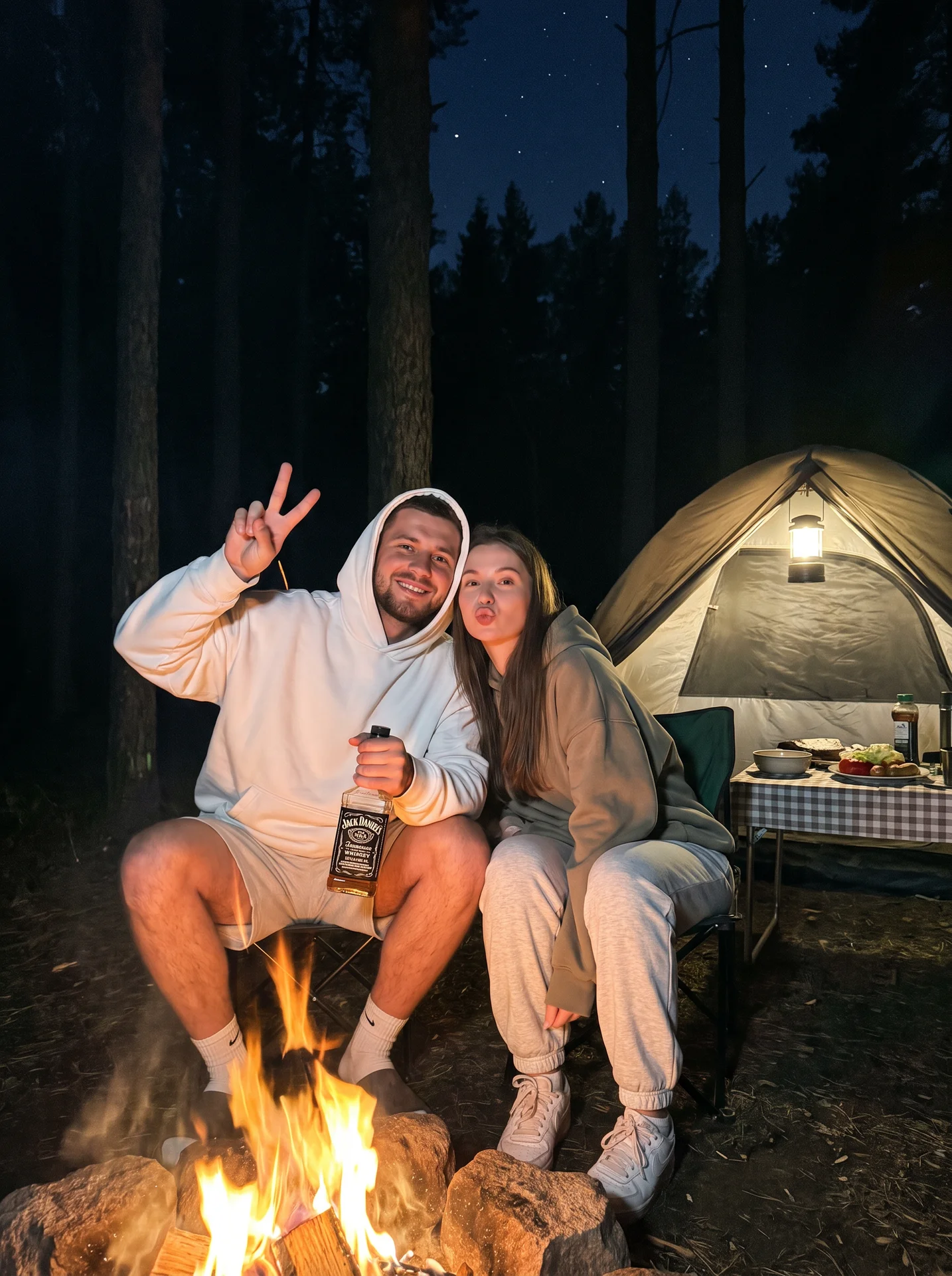 На фотографии пара сидит у костра в лесу, наслаждаясь вечером. Он в белой оверсайз толстовке и шортах, с бутылкой виски в руке, показывает знак мира. Она в оверсайз худи и спортивных штанах, делает губы уточкой. За ними палатка с фонарем и столик с едой. 