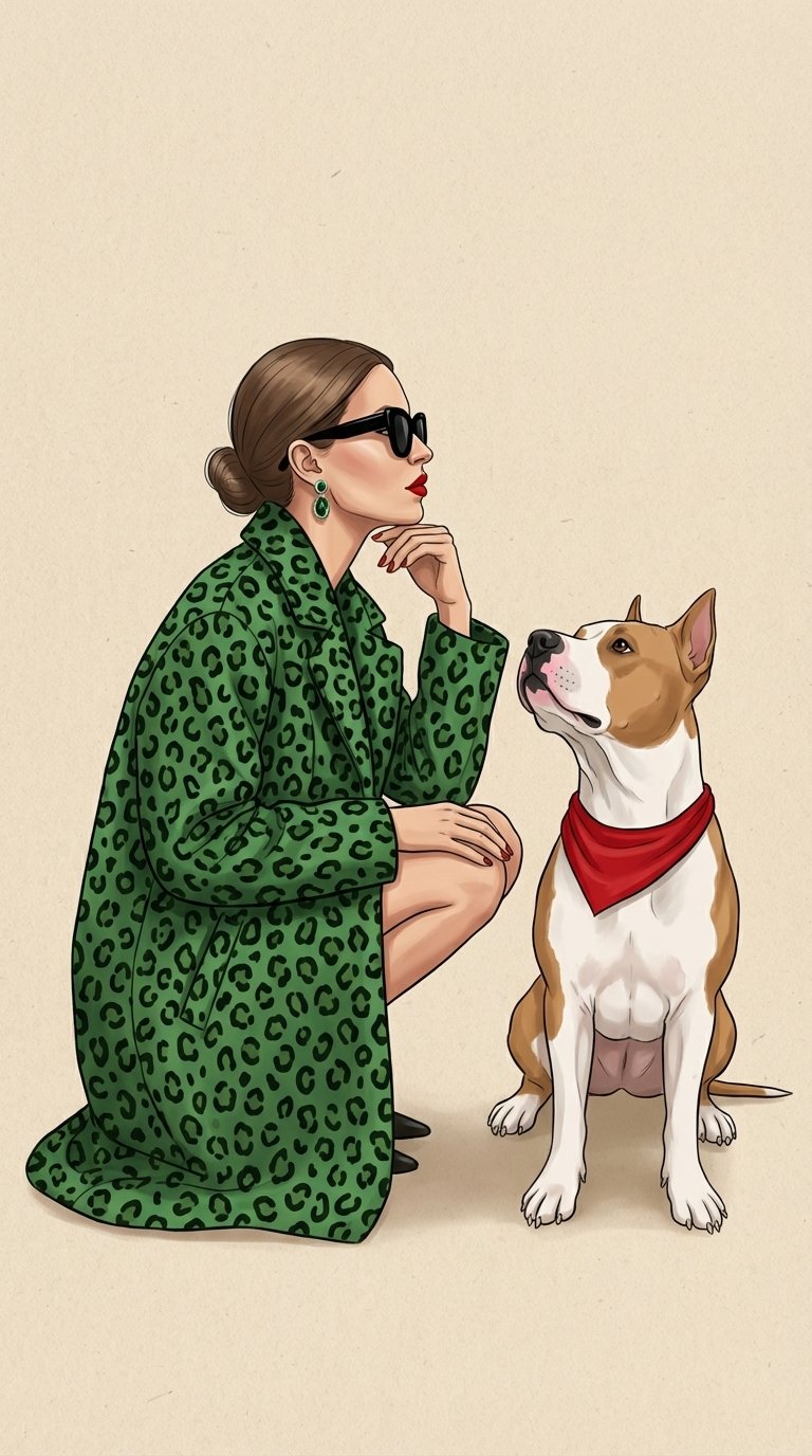 Semi-realistic editorial illustration, fashion style, 9:16.
❗️ULTRA IDENTITY LOCK 1:1 — использовать загруженные фото, строго сохранить лицо и морду:
форма глаз, носа, губ, пропорции, расстояния, линия роста волос, текстура кожи и шерсти.
❗️запрещено упро