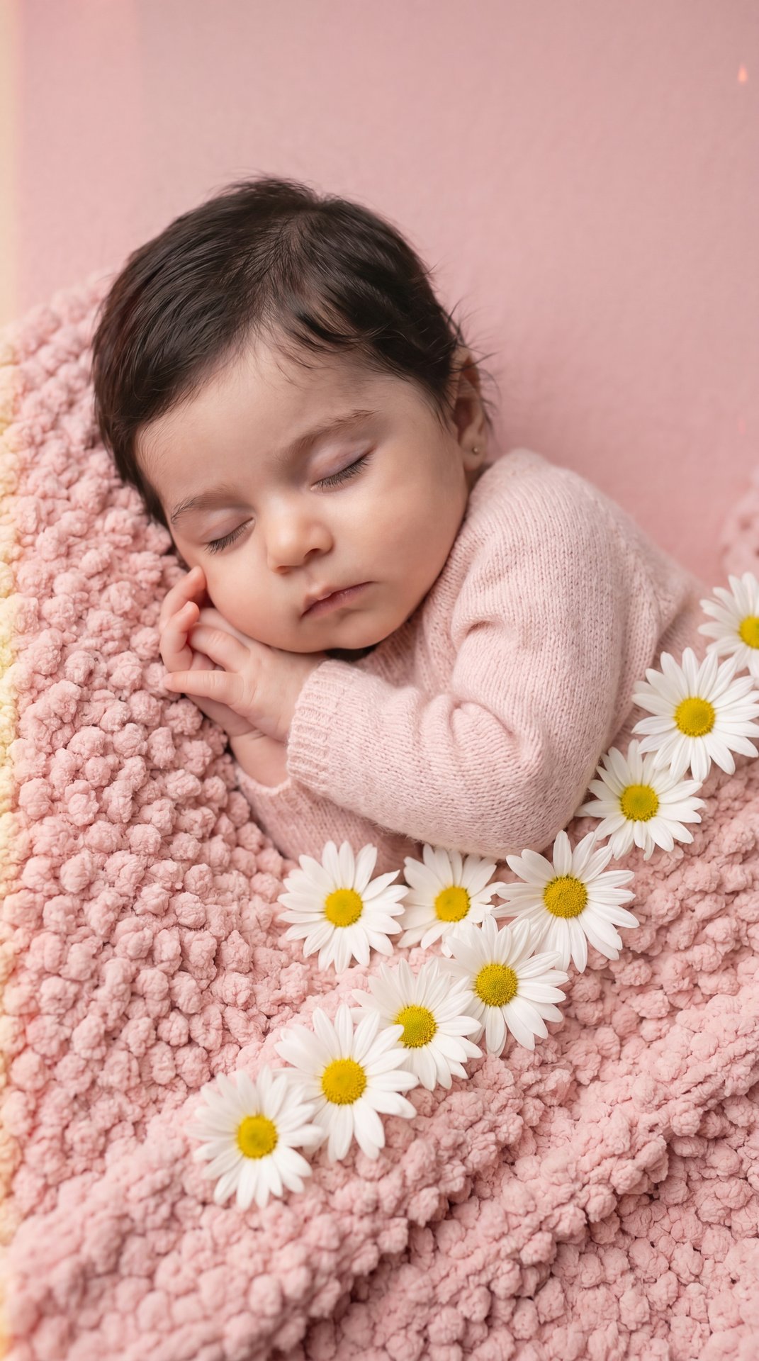 Professional studio portrait, tight close-up shot from a gentle 45° overhead angle; sleeping baby lying on their side on a plush pink chenille “popcorn” blanket; eyes closed (no eye contact), lips closed and relaxed, mouth neutral, peaceful expression; bo