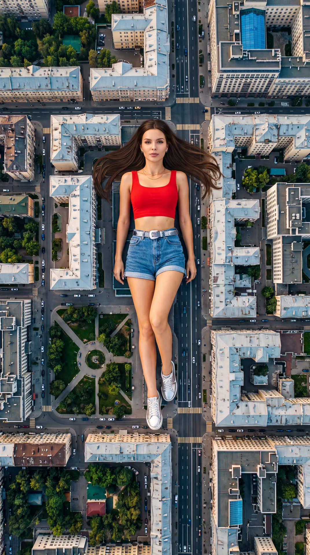 A surrealistic photograph for a fashion magazine featuring a giant model. A bird’s-eye view, shot directly from above:
a giant woman lies on her back, spanning several city blocks in central Moscow; her body stretches
from one end of the city square to th