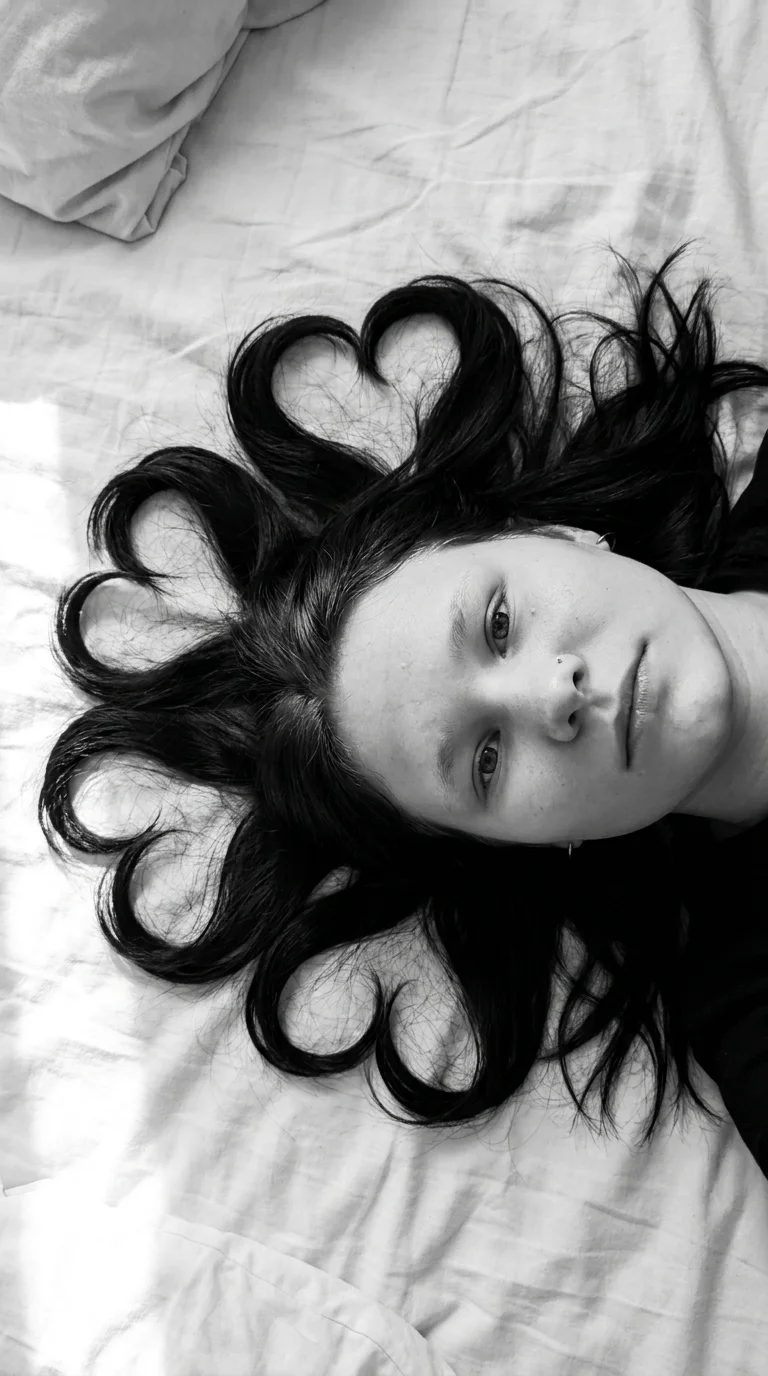 Recreate this composition: black-and-white close-up portrait, overhead view, woman lying on white bedsheets, face perfectly straight to camera, centered on the right side of the frame, neutral expression, long hair arranged into several heart shapes, soft
