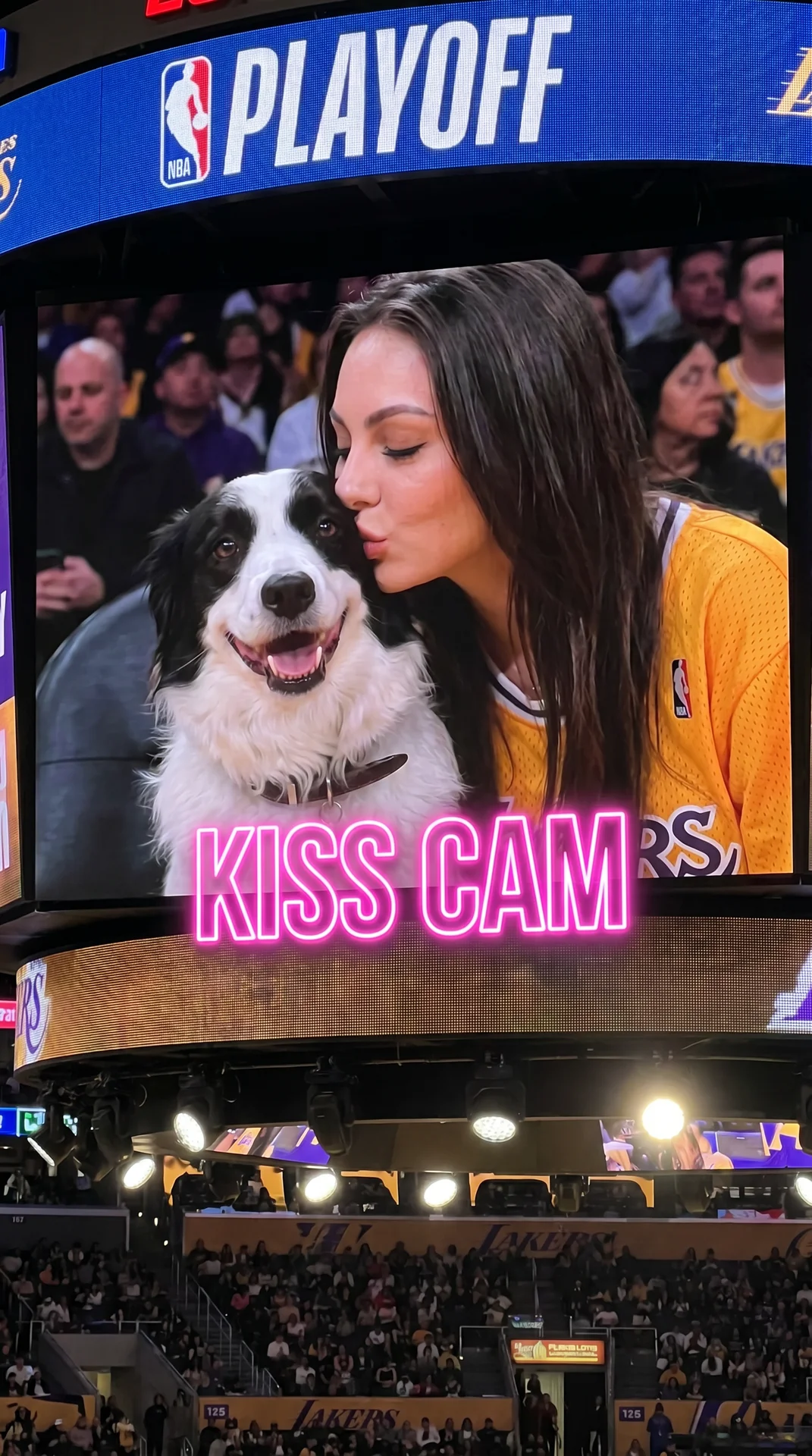 Ultra-realistic NBA jumbotron kiss cam screenshot, identity preserved exactly from reference image.

Young woman sitting at a Lakers playoff game shown on the giant arena screen during a kiss cam moment. Camera is closer to the jumbotron so her face is cl
