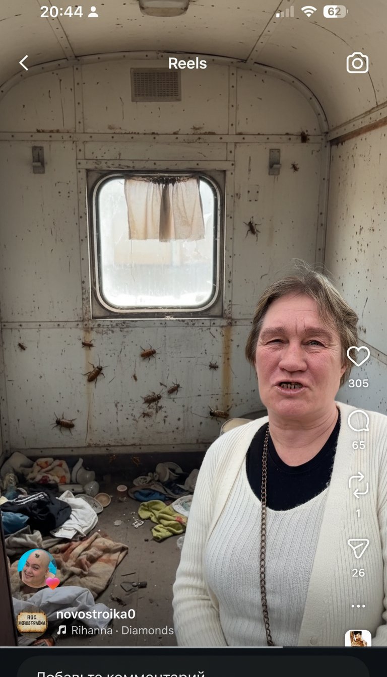Женщина живет вагончике. Рядом гуляют тараканы