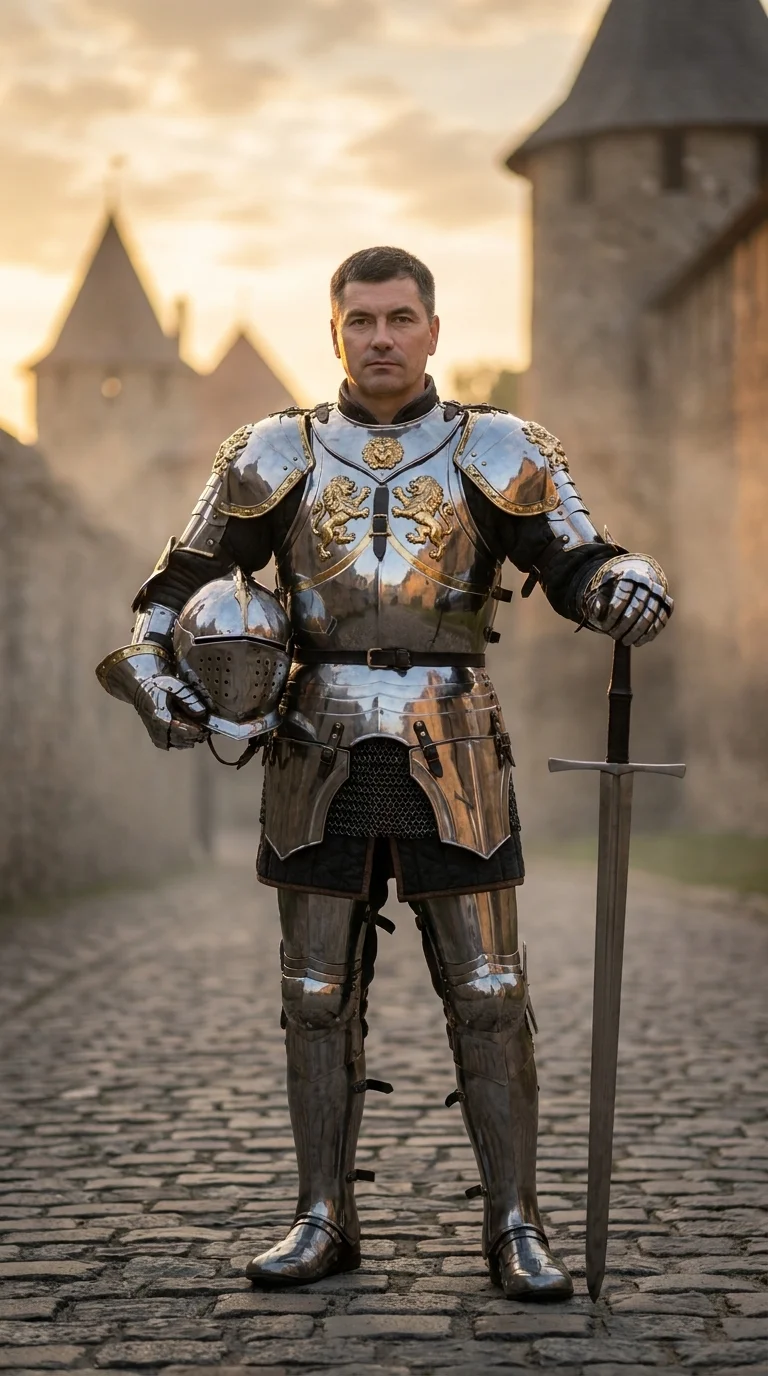 Full-body photorealistic cinematic portrait of the man from the reference image, maintaining 1:1 exact facial likeness, features, and anatomical proportions without changes. He is portrayed as a noble medieval knight standing on a cobblestone street of a 