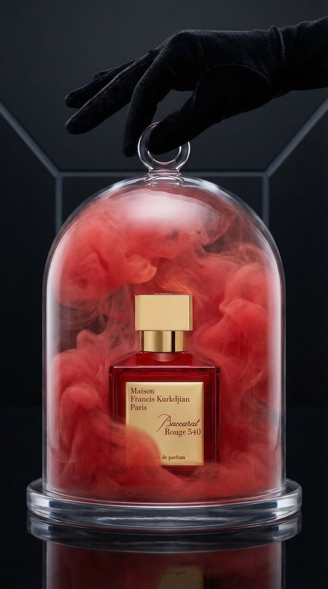 A futuristic scene with the Baccarat Rouge 549 perfume placed under a transparent glass dome. The dome stands on a transparent circular base, creating an isolation effect. A thick red smoke rises smoothly around the perfume bottle, remaining within the do