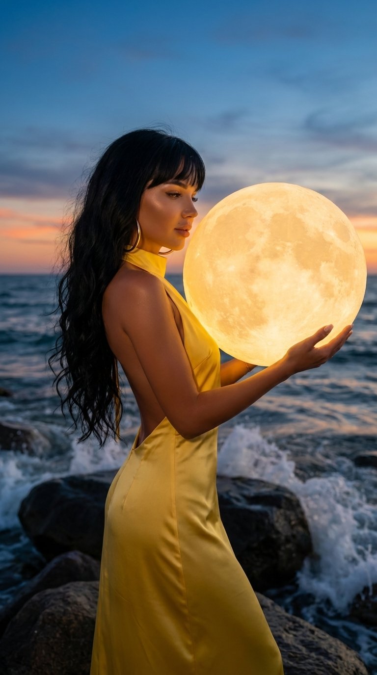 Создай не меняя черты лица.Фотография в полный рост.Женщина с загорелой кожей,в профиль, держащая в руках реалистичную очень большую светящуюся лунную лампу, в элегантном желтом атласном  платье с высоким горлом, и открытой спиной, очень длинные черные  в