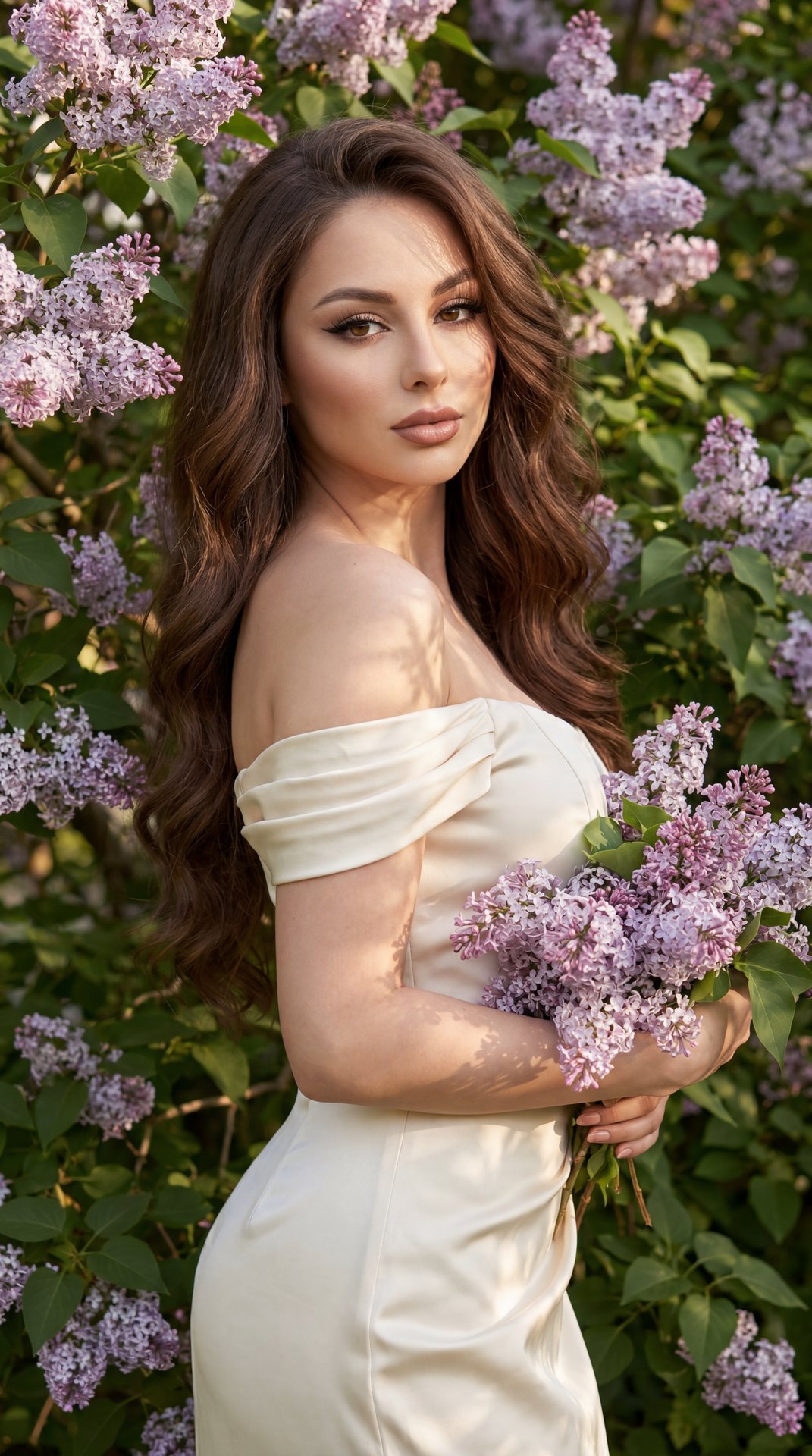 A woman with long softly curled hair stands slightly sideways to the camera among blooming lilac bushes. She is not wearing a hat, allowing her hair to flow naturally around her shoulders.

Shot Type:
Shot from the waist up, the woman is positioned slight