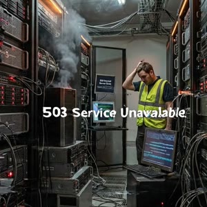 chaotic web hosting datacenter, messy servers stacked randomly, cables everywhere, blinking red error lights, overheating, smoke, screens showing 500 errors, lag, glitch effects, dark, flickering light, stressed atmosphere, realistic, cinematic

Текст на 