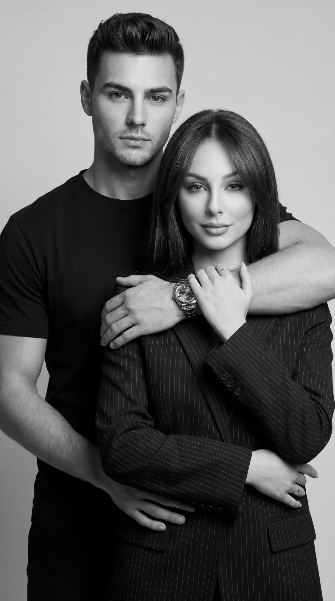 Professional studio black-and-white portrait, vertical frame, medium shot (half-length), eye-level camera, straight-on angle, slight three-quarter alignment for the person behind; soft diffused key light, seamless light-gray backdrop, gentle contrast, cri