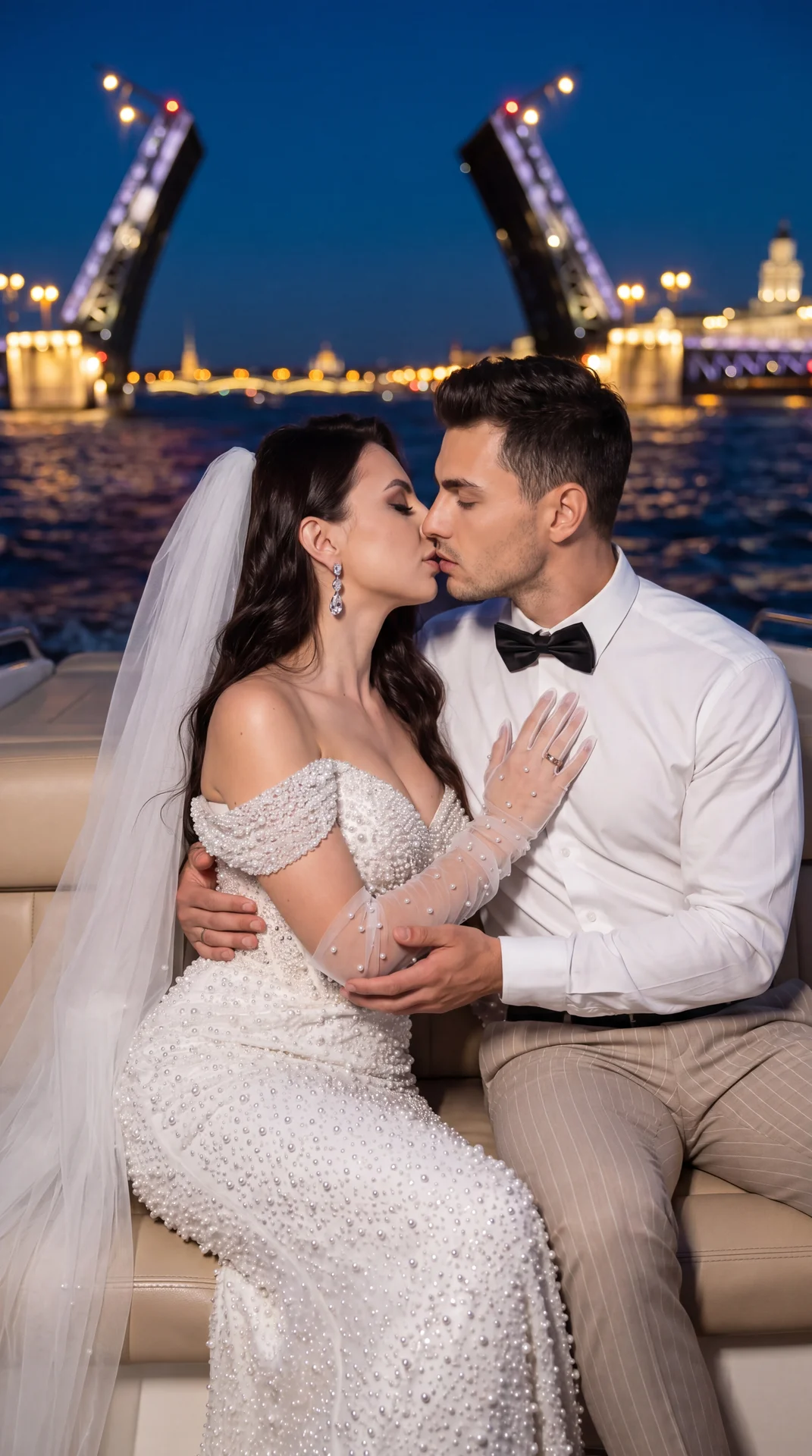 Newlywed couple on a yacht at night, medium close-up, eye-level, straight-on, professional editorial wedding photo, full-frame camera, 35mm prime, f/1.8, shallow depth of field, warm diffused flash fill from front-left; woman on the right in a white off-s
