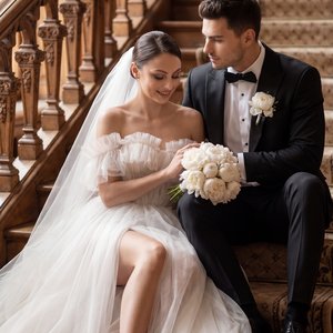Cinematic bridal couple on an ornate historic staircase, medium-full shot, vertical portrait, 3/4 view from camera-left, slightly high angle; soft directional window light from camera-left, warm moody tonality, shallow depth of field with creamy bokeh, su
