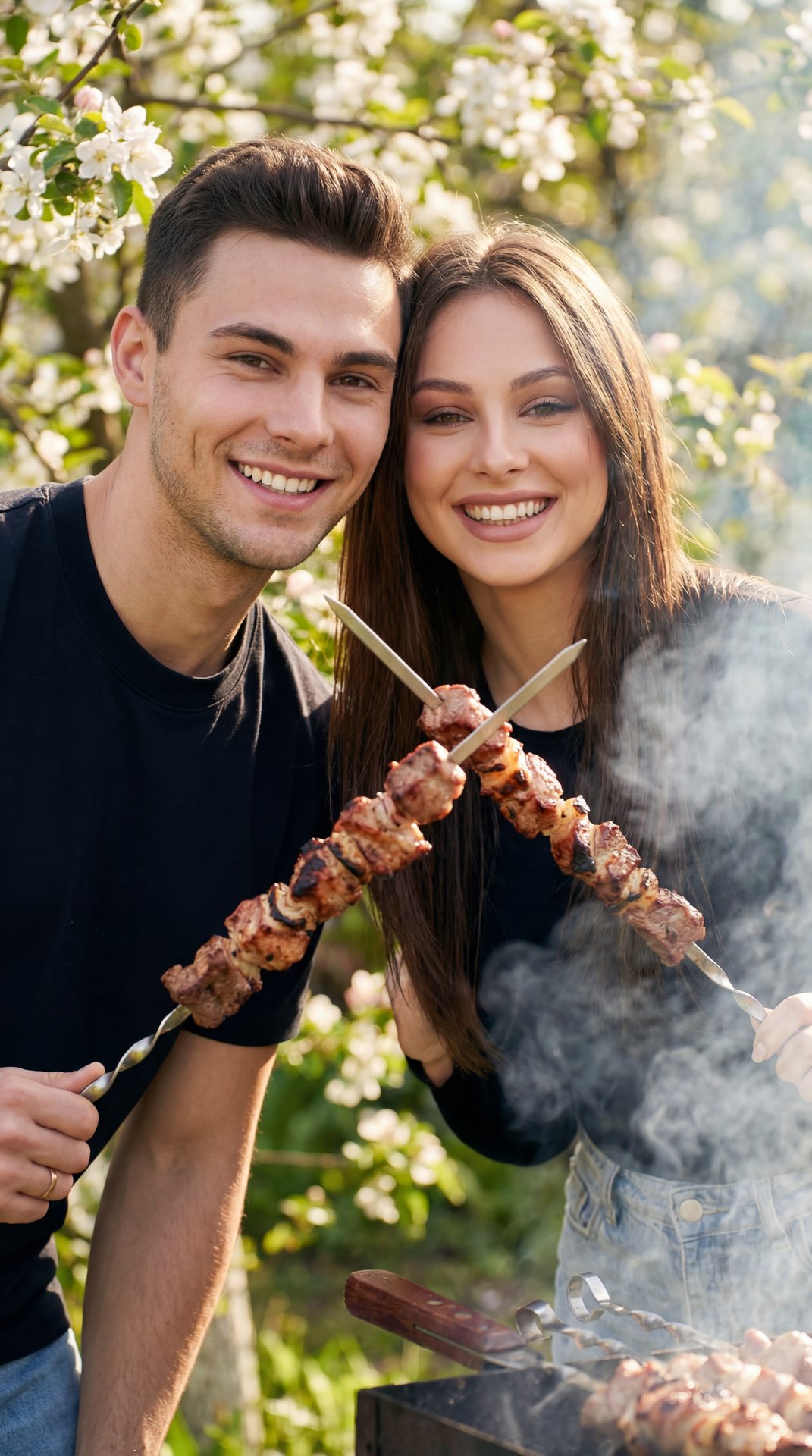 Cinematic portrait of a happy young couple at a sunny dacha backyard, looking directly at the camera and smiling broadly. They are playfully raising metal skewers with hot, juicy shashlik like a toast. Smoke softly rising in the background, blooming sprin