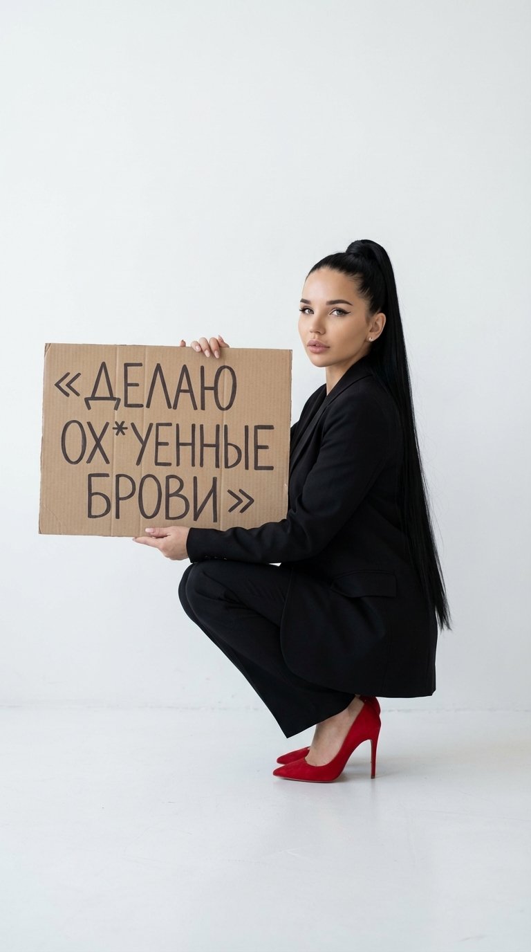 3.
Портрет во весь рост этой уверенной молодой женщины, присевшей на корточки на гладком белом полу на фоне минималистичной белой стены. У нее гладкие темные волосы длиной чуть ниже поясницы, собранные в высокий хвост. Она одета в строгий черный пиджак и 