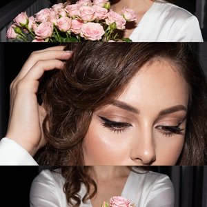 The Triptych 
Top shot: Extreme close-up of a girl's face sitting on the veranda at night holding a huge bouquet of delicate pink bush roses with a flash. Her hair falls in loose curls over her face. There is a highlighter on the cheeks and on the eyes in