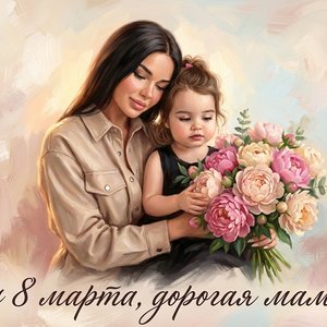 Масляная картина в пастельных тонах, мама и маленькая девочка обнимаются, букет пионов, теплый свет, нежный фон с художественными мазками, женственность, высокая детализация, надпись «с 8 марта, дорогая мама», elegant calligraphy, oil painting style, 4k
Ф