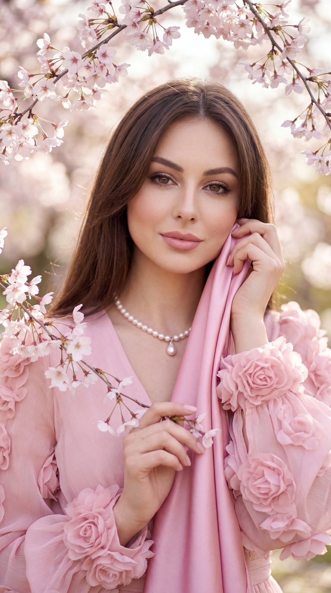Professional medium close-up portrait, eye-level straight-on angle, woman in a pastel pink chiffon/organza dress with 3D floral ruffle sleeves and a smooth satin pink shawl; outdoors in a cherry blossom garden; serene romantic spring mood; pose: upright w