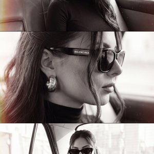 This image is composed of three black and white panels featuring a person sitting in the backseat of a car. The overall aesthetic is chic and stylish, with a strong focus on fashion elements.

**Top Panel:**
The individual is posed slightly turned toward 