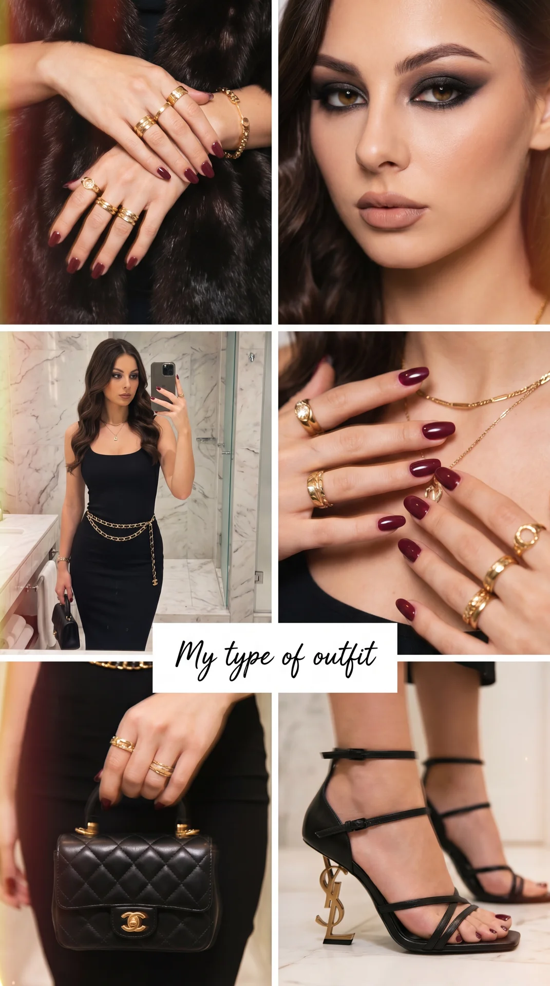 The image is a collage featuring several elements of a chic and elegant outfit.

1. **Top Left**: A close-up of hands adorned with multiple gold rings and a bracelet, against a fur or faux fur background, creating a luxurious feel.

2. **Top Right**: A cl