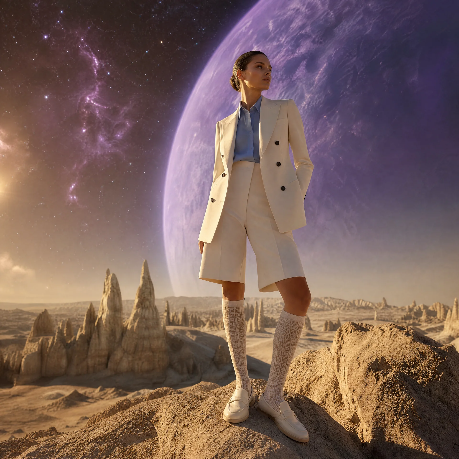 A cinematic luxury fashion editorial set on an a