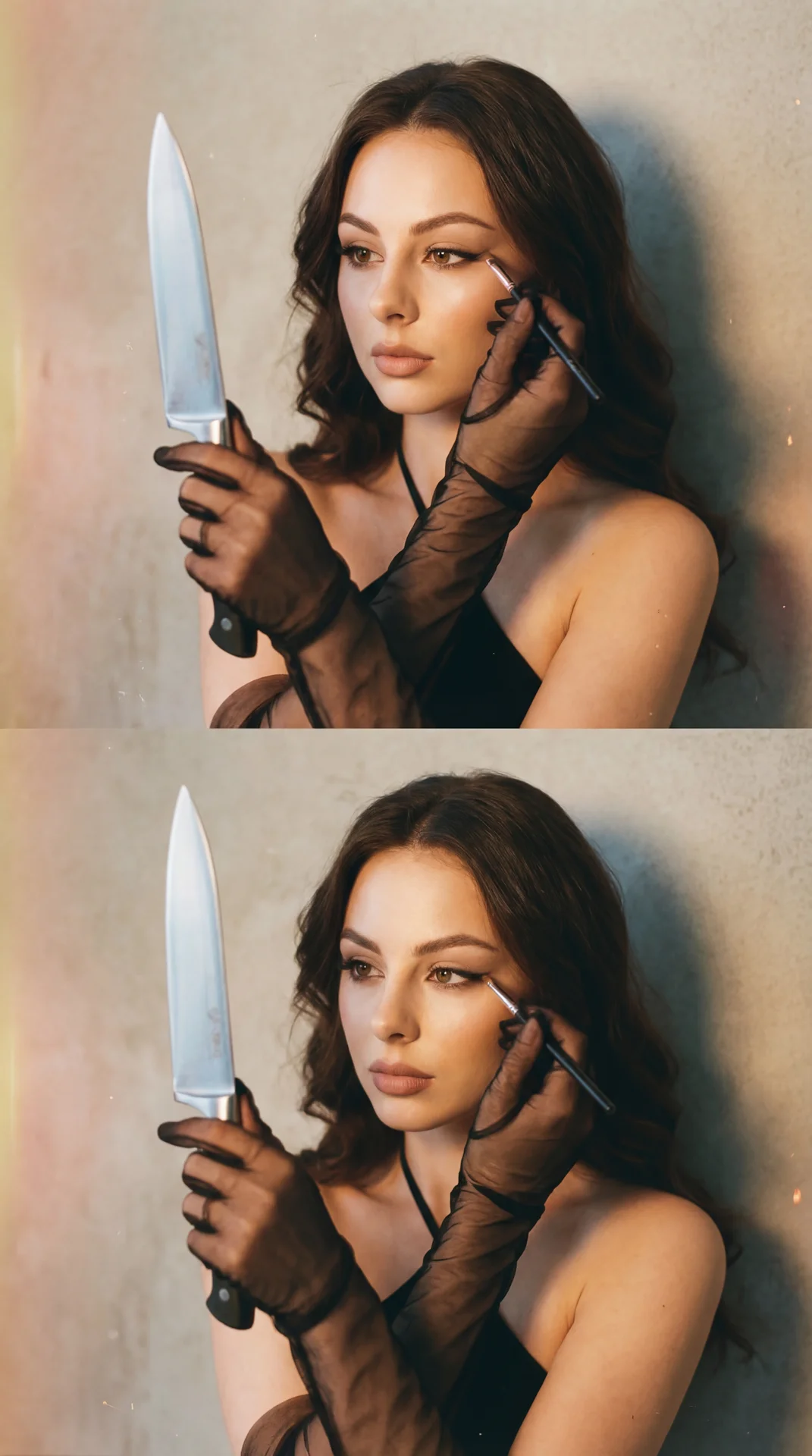 The image features a person seen in two nearly identical poses, one above the other. They are wearing sheer black gloves that extend up their arms, adding a touch of elegance and mystery. The person holds a knife delicately, using the reflective surface a