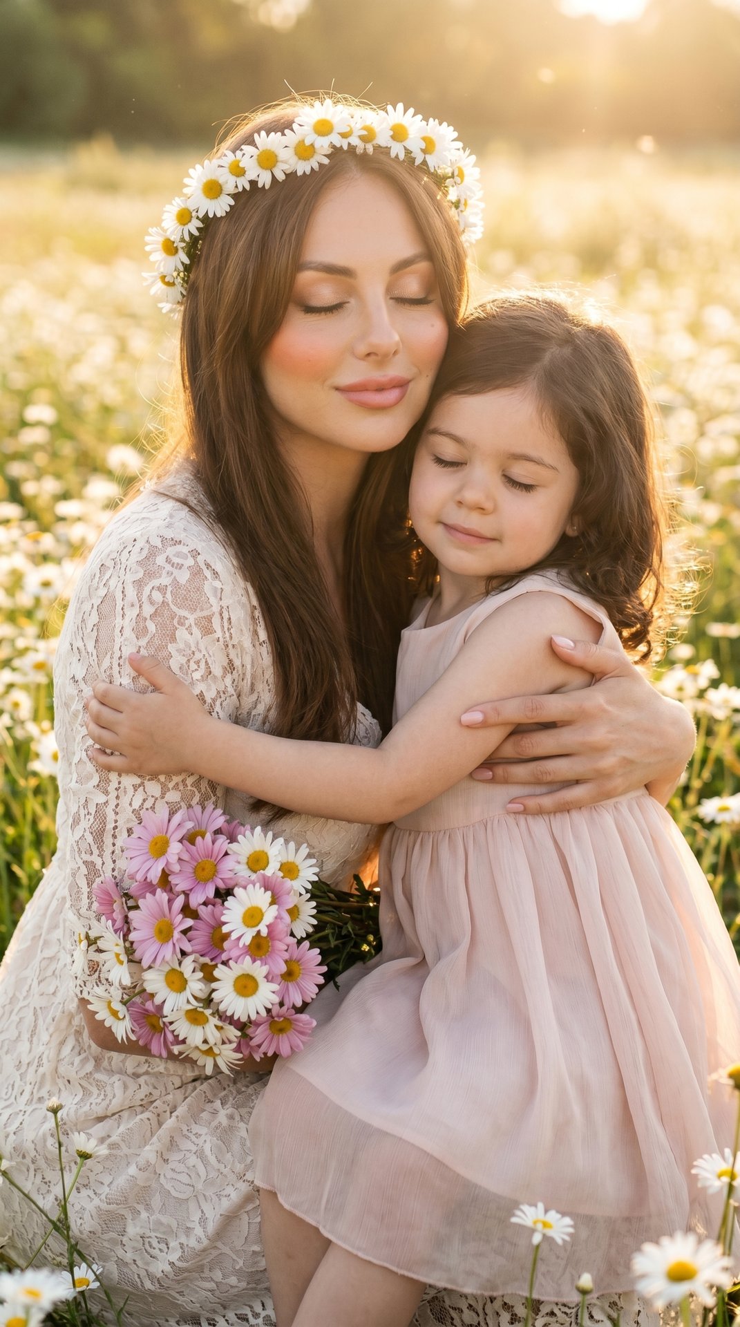 Young woman seated in a wildflower meadow at golden hour, gently embracing a little girl; woman’s left forearm cradles the child’s back and shoulder, right hand holding a bouquet of pink-and-white daisies near her waist; the child’s arms wrap around the w