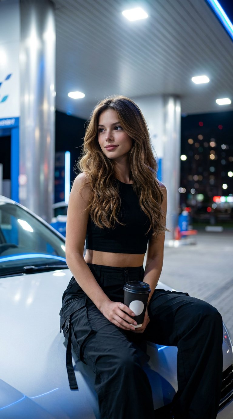 Framing & Camera: Full-body or three-quarter portrait (full-body / medium shot), vertical composition, captured at eye level or slightly from below.

Pose & Composition: A young woman is casually sitting on the hood of a car, slightly turned sideways towa