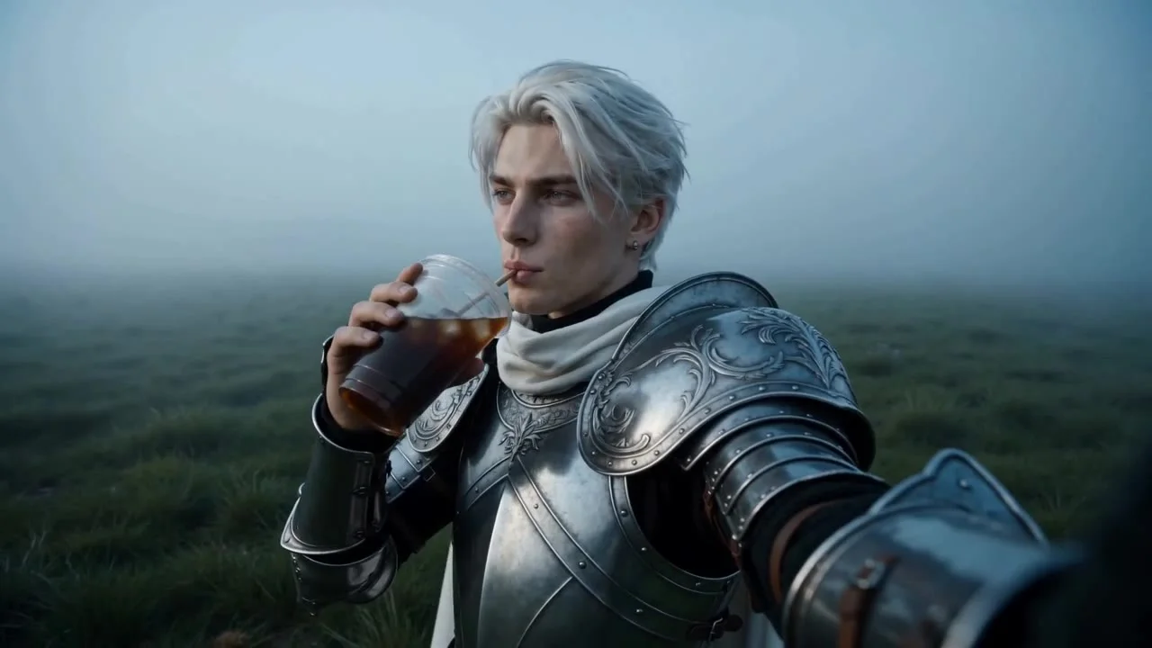 CHARACTER: KNIGHT — young androgynous knight (could be read as male or female), @image_1   soft neutral facial features, polished silver plate armor with ornate engraved breastplate, long white cape, longsword. Holds an iced americano in a clear plastic c