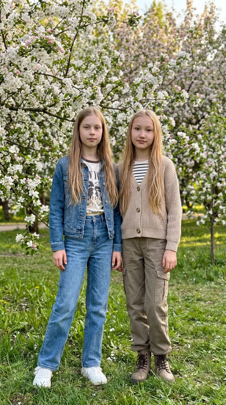 A full-body candid lifestyle photo of two 10-11 year old girls, best friends, standing together in a park with blooming apple trees in the background. Wide-angle shot, captured on iPhone 17 Pro Max, raw camera style, looks like a spontaneous Instagram sto