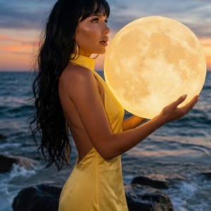 Волшебная кинематографичная сцена на закате у моря. Девушка с длинными тёмными волосами и выразительными чертами лица, в струящемся жёлтом платье, стоит на скалистом берегу у океана. В её руках — сияющая полная луна, мягкий золотой свет отражается на воде