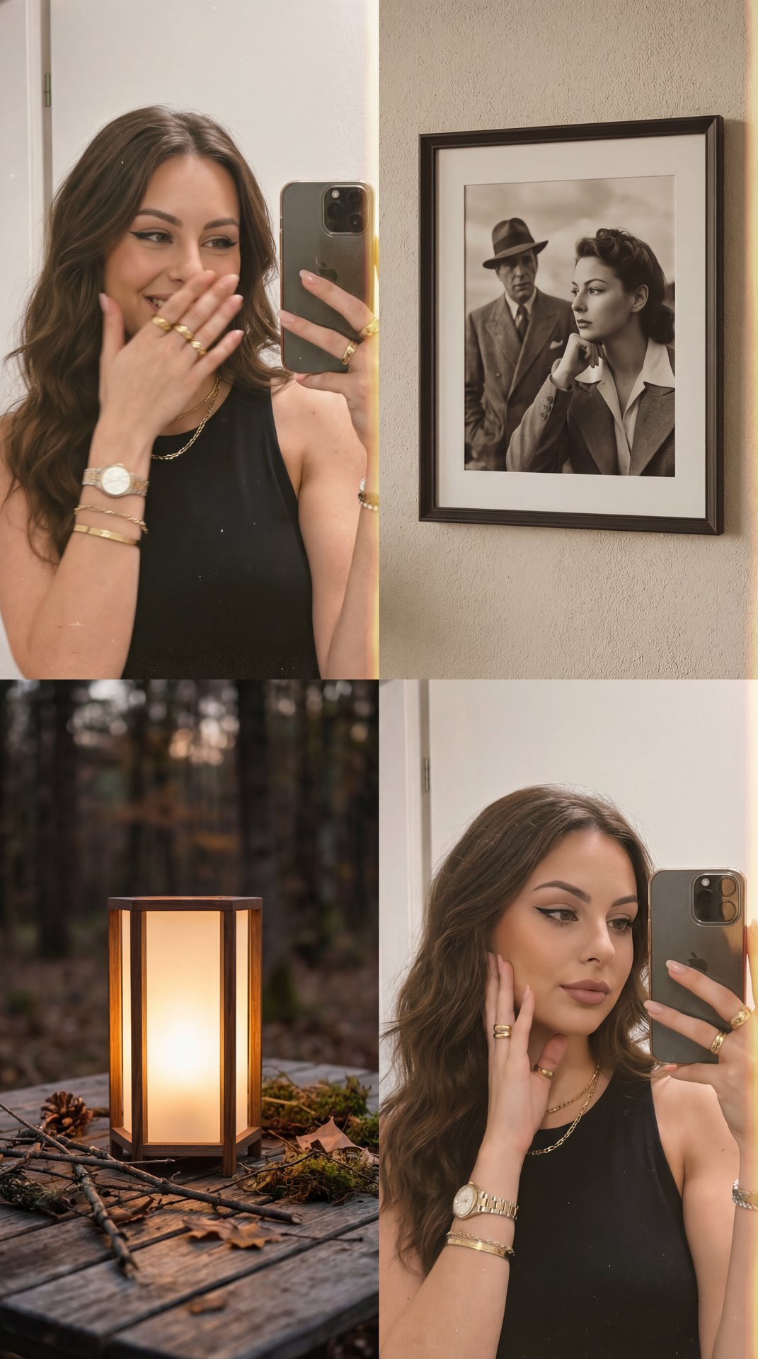 The image is a collage consisting of four distinct sections. 

1. **Top Left**: A person with long dark hair takes a mirror selfie. They are wearing a black sleeveless top, gold jewelry, and a watch. Their left hand, adorned with rings, partially covers t