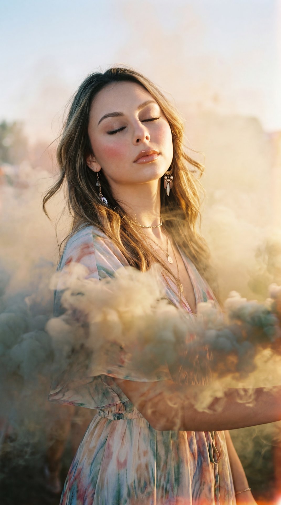 Create image: use the attached image as the main facial reference with high precision while preserving exact facial structure, recognizable identity, facial proportions, identity essence, and natural asymmetry.

A female subject stands inside a dense clou
