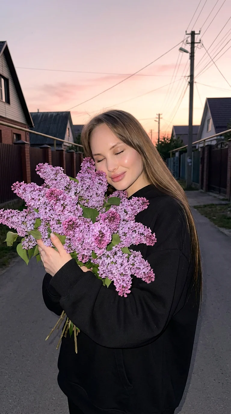 Максимально реалистичная фотография, лиричная вечерняя съемка на улице, ностальгическое и умиротворенное настроение.

Средний план. Девушка стоит на темной улице, прижимая к себе огромный букет пышной сирени. Глаза закрыты, голова слегка склонена к цветам
