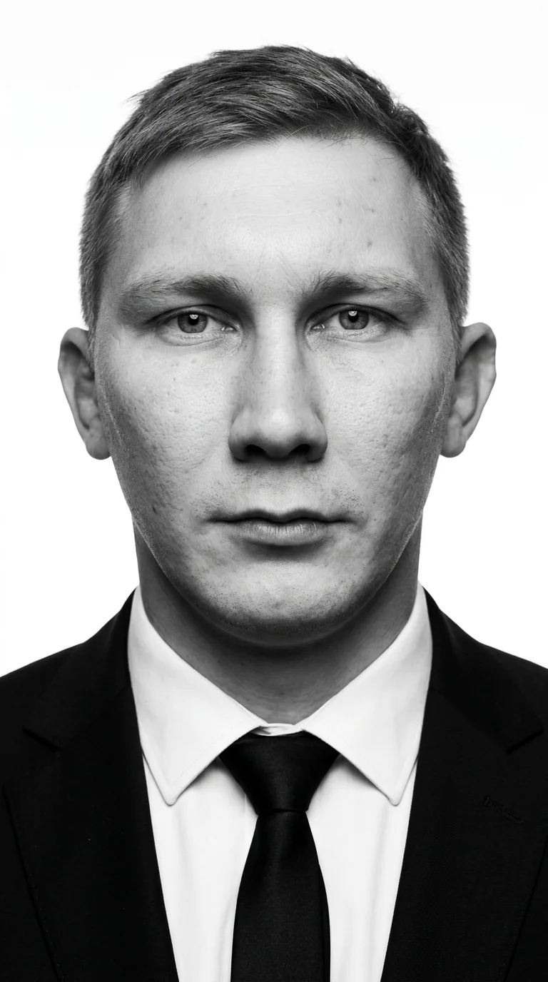 Создай черно-белую фотографию в стиле официального портрета бойца UFC с сломаными ушами нехарактерная внешность борца смотрит прямо в Камеру с серьезным выражением лица на нем черный костюм белая рубашка и черный галстук фон должен быть чисто белым освеще