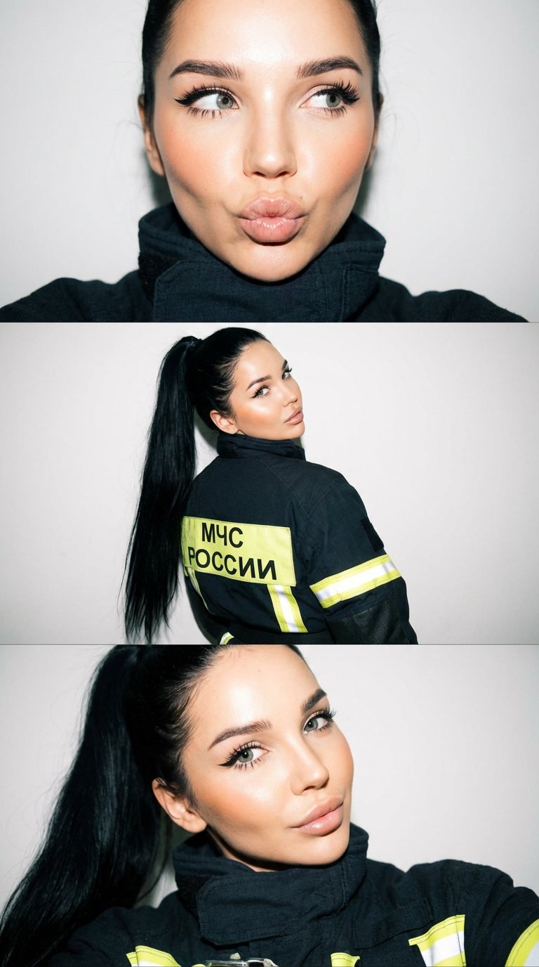 ---

Вертикальный коллаж из трёх фото в стиле Y2K.  
Женщина в форме 
Пожарного Российской Федерации Верхняя одежда (боёвка)
 • Куртка и брюки из огнестойких материалов (часто с многослойной структурой)
 • Цвет: обычно тёмный (чёрный, тёмно-синий) с ярким