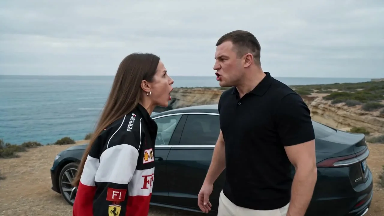 Scene structure:

0–2s: A man (@image2) and a woman (@image1) are arguing furiously on a cliff above the ocean next to a black car. They stand facing each other at close range, yelling loudly, their faces full of anger, gestures sharp and aggressive, spee