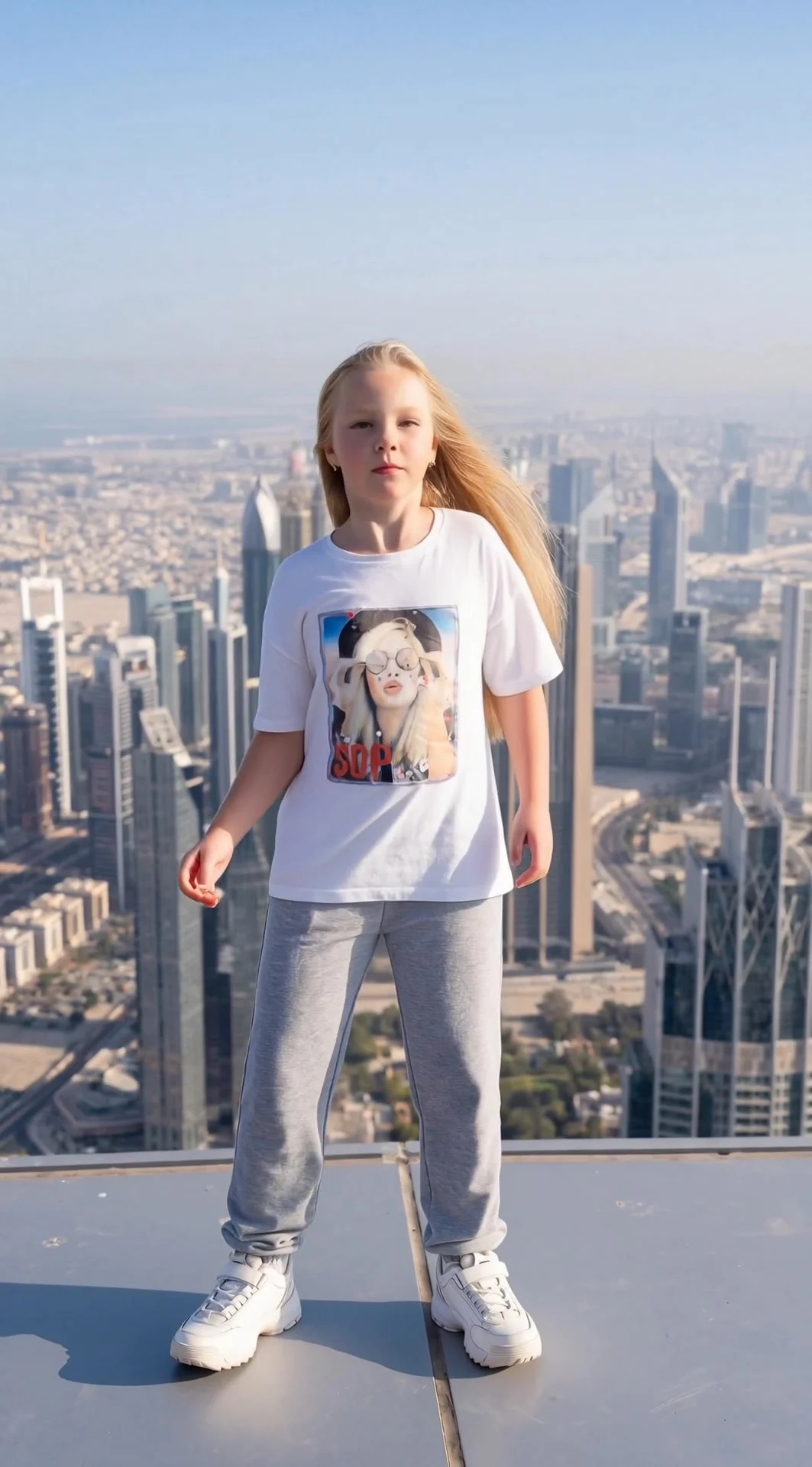 7-year-old girl with a photo. Keep the original face, facial features, expressions, age, proportions, hairstyle, makeup, clothing, accessories, and overall style intact. Do not change, redraw, transform, add, or remove anything. Maintain a dynamic pose th